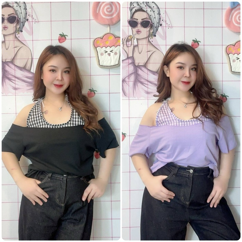 เสื้อผ้ายืดร่องผูกคอแต่งลายสก็อต (เเขนสั้น) อกหน้าผ้า 50 นิ้ว ยืดได้ถึง 58 นิ้ว ความยาว 25 นิ้ว