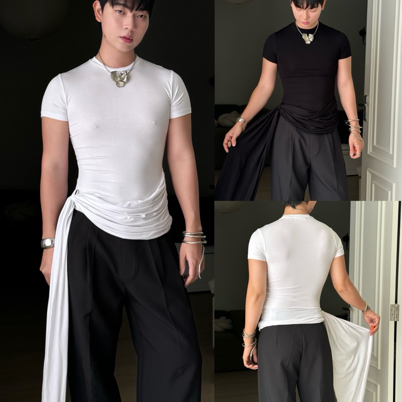 เสื้อยืดแต่งระบายชายผ้า