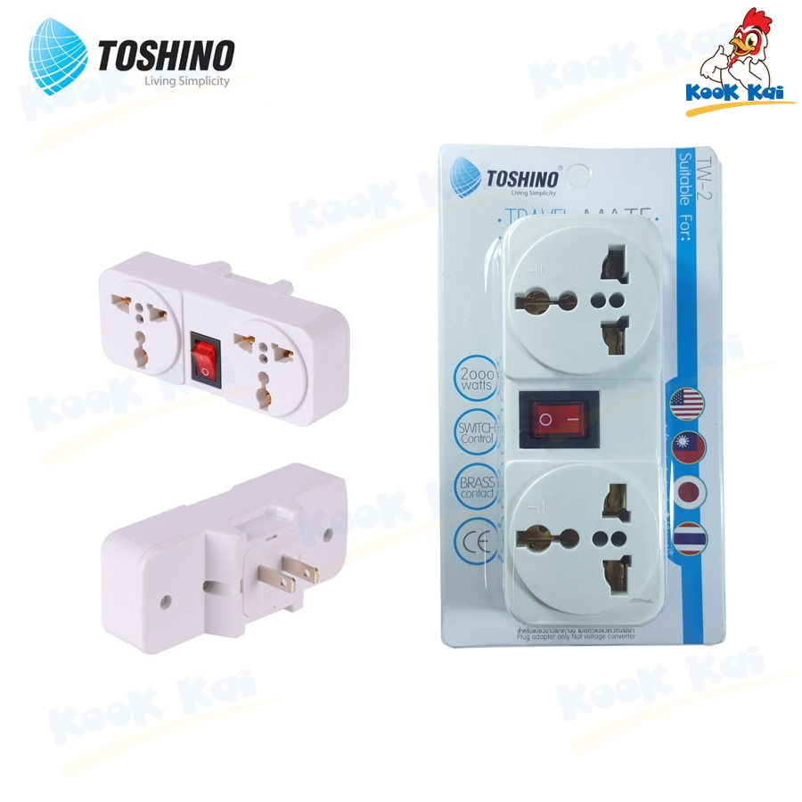 TOSHINO ปลั๊กแปลงขา รุ่น TW-2 2ขาแบน 2ช่อง 1สวิทช์ 2000w วัสดุอย่างดี ไม่ลามไฟ