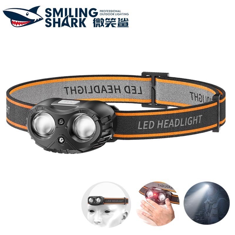 SmilingShark TD0177 ไฟฉายคาดหัว 2*LED ซุปเปอร์ไบรท์ เซนเซอร์ ไฟหน้า Type-C ชาร์จใหม่ได้ 3โหมด กันน้ำสำหรับการเดินป่ากลาง