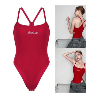 BIMI🍒ตัวอักษรสีแดงปัก Jumpsuit แขนกุดผู้หญิงเปิดเสื้อกั๊ก