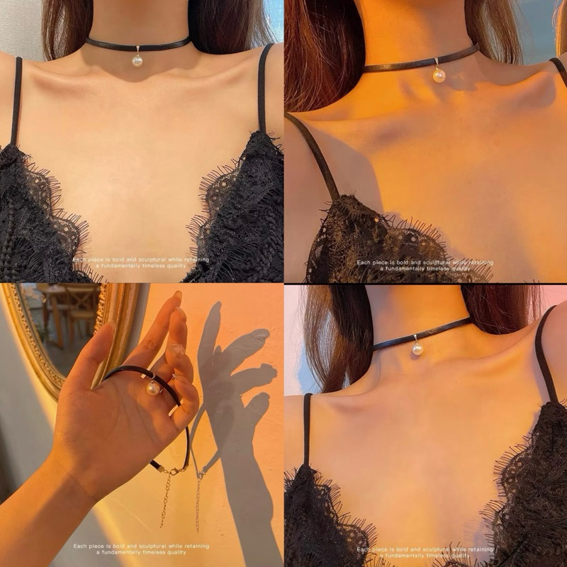 โชคเกอร์สร้อยคอหนังจี้ลูกปัดไข่มุก เรียบๆสไตล์เกาหลีน่ารัก