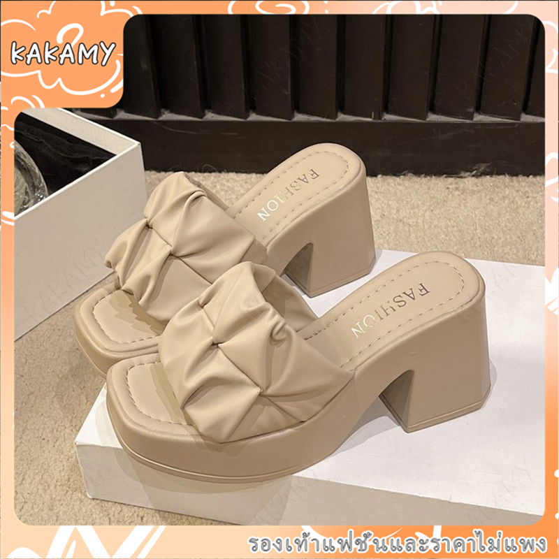 KAKAMY รองเท้าส้นสูงผู้หญิง 6 ซม. รองเท้าส้นสูงแบบสวม ยางพารา รองเท้าแตะผู้หญิง สวมใส่สบาย