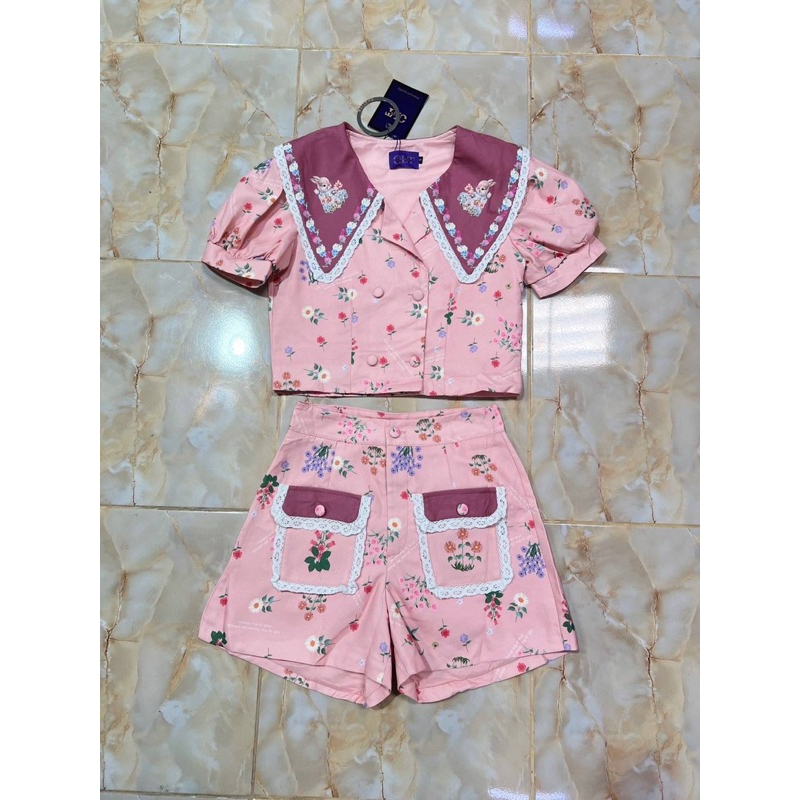 ชุดเซตกางเกงขาสั้น เสื้อคอปก ลายกระต่าย+กางเกงขาสั้น สีชมพู งานป้าย chalita