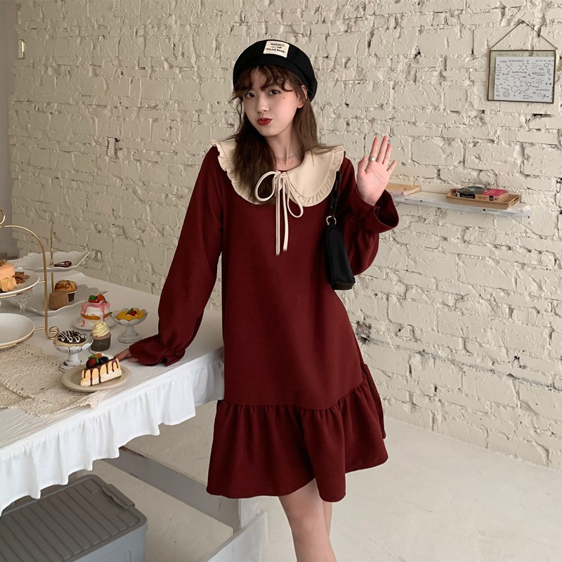 MVP เสื้อผ้าผู้หญิง เดรสสีแดง สไตล์เกาหลี คอตุ๊กตาน่ารัก ทรงหลวม จับจีบ ชุดเดรสสีแดงสำหรับงานปาร์ตี้