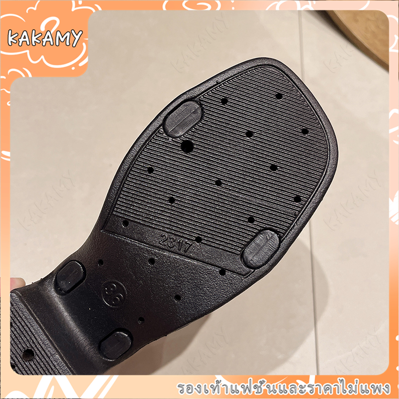 KAKAMY รองเท้าแตะ หนัง Pu ส้นกลาง ทรงสี่เหลี่ยม สีพื้น แบบเรียบง่าย สไตล์เกาหลี สําหรับผู้หญิง