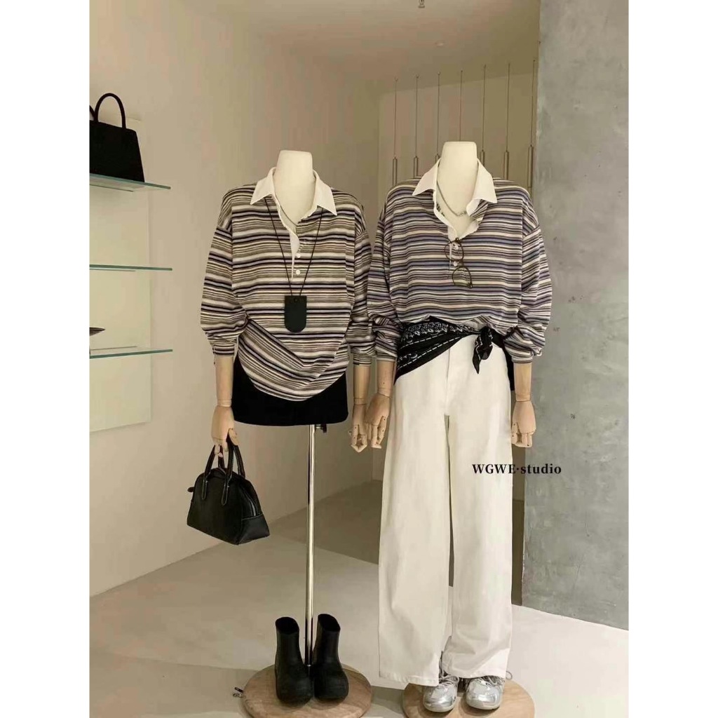 พร้อมส่งtag ป้ายwgweเสื้อคอปกคอวีโปโลลายริ้ว แขนยาวทรงโอเวอร์ไซส์ เนื้อผ้าดีใส่สบาย ทรงสวยมาก 2868