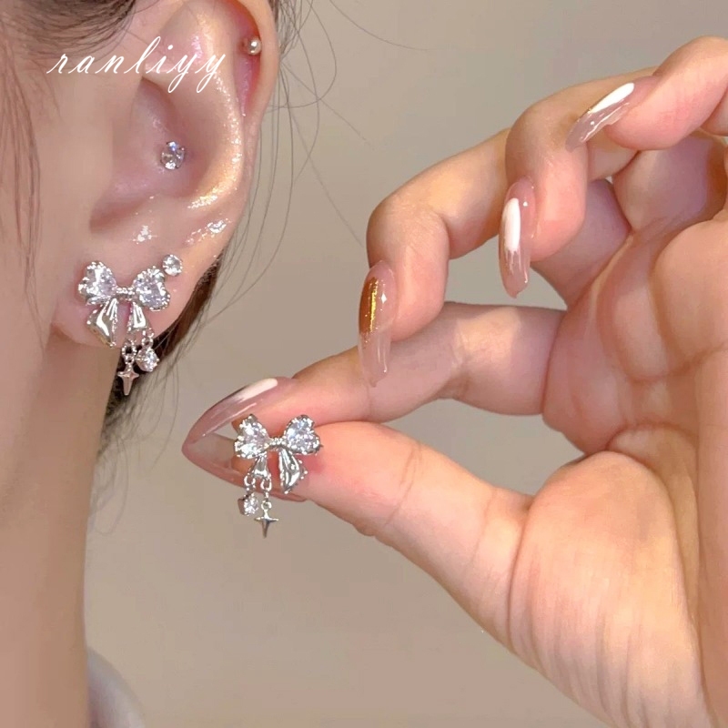 ส่งเร็ว🌼ต่างหูโบว์ประดับเพทายหรูหราสไตล์เกาหลีแฟชั่นระดับไฮเอนด์เครื่องประดับสำหรับผู้หญิง-Ranliyy