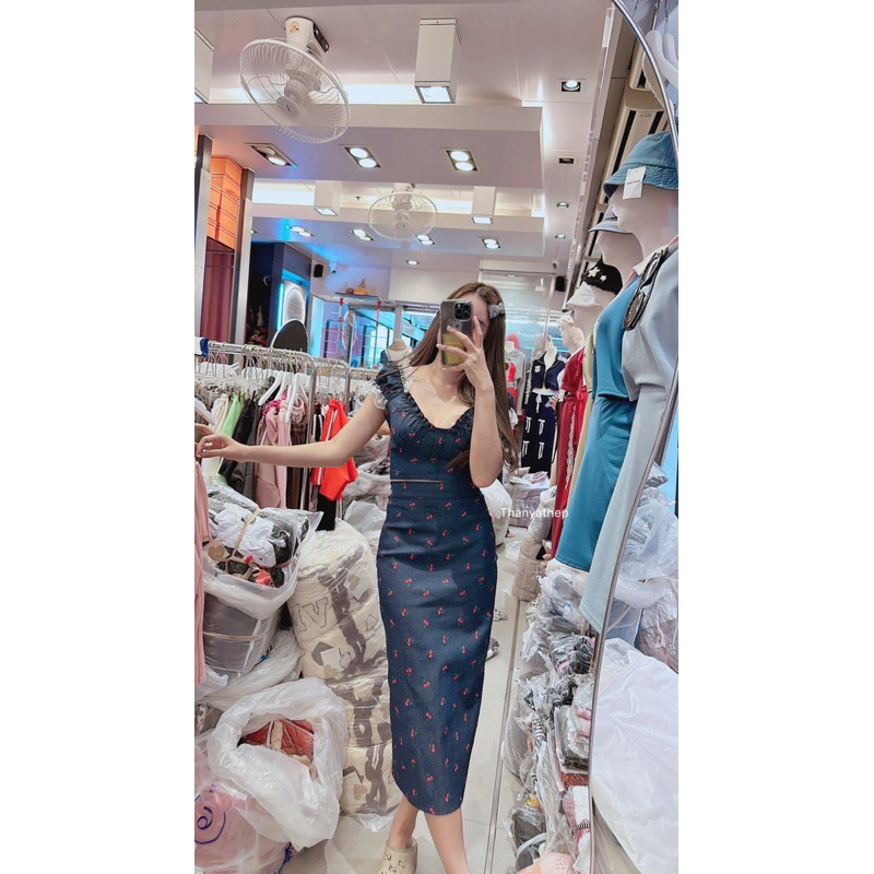 #thanyathep เกาหลี เกาใจ เสื้อแขนตุ๊กตาแต่งลูกไม้ มาพร้อมกระโปรงยาว น่ารักๆผ้าลายเชอรรี่ เพิ่มความคิ้วท์