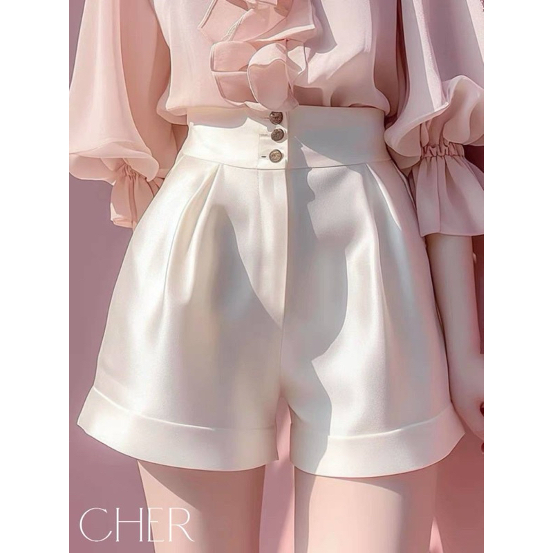 8616กางเกงขาสั้นผ้าคอตตอนผสมซาตินกระดุมทองด้านหน้า💗