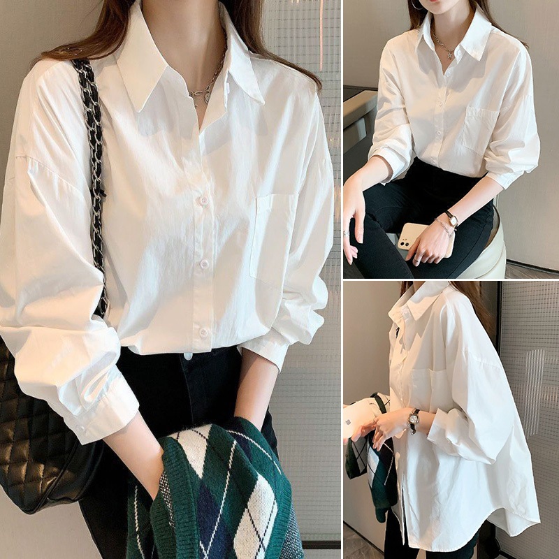 เสื้อแขนยาวไซส์ใหญ่ ทรงหลวมพอดีตัว เสื้อเชิ้ตสีขาวคอปกแขนยาวผู้หญิงสีทึบเรียบง่าย กระดุมหน้า รุ่นฮิตตลอดกาล ทรงคลาสสิค