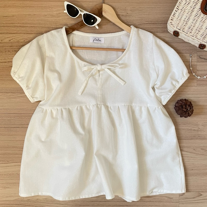 เสื้อคอกลมผูกโบแต่งระบายแขนตุ๊กตา แขนสั้น ผ้าฝ้ายฟอกนุ่ม