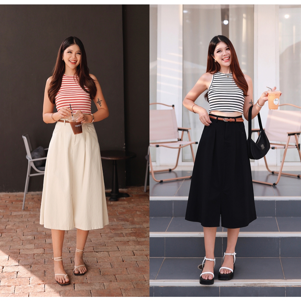 NUMBERSEVEN - กระโปรงสวิงผ่าหน้า + เข็มขัด มี 2 สี : สีดำ , สีครีม