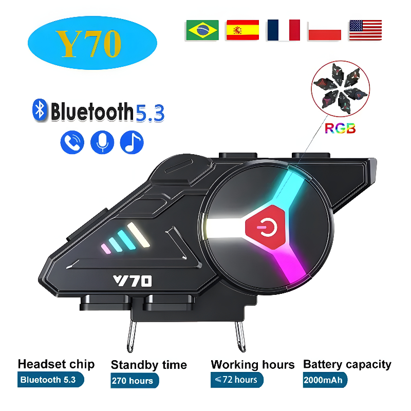 Y70ชุดหูฟังบลูทูธติดหมวกกันน็อคสำหรับรถจักรยานยนต์ V5.3ไฟหลากสี RGB IPX6กันน้ำรองรับการเชื่อมต่อโทรศัพท์2เครื่องในเวลาเด