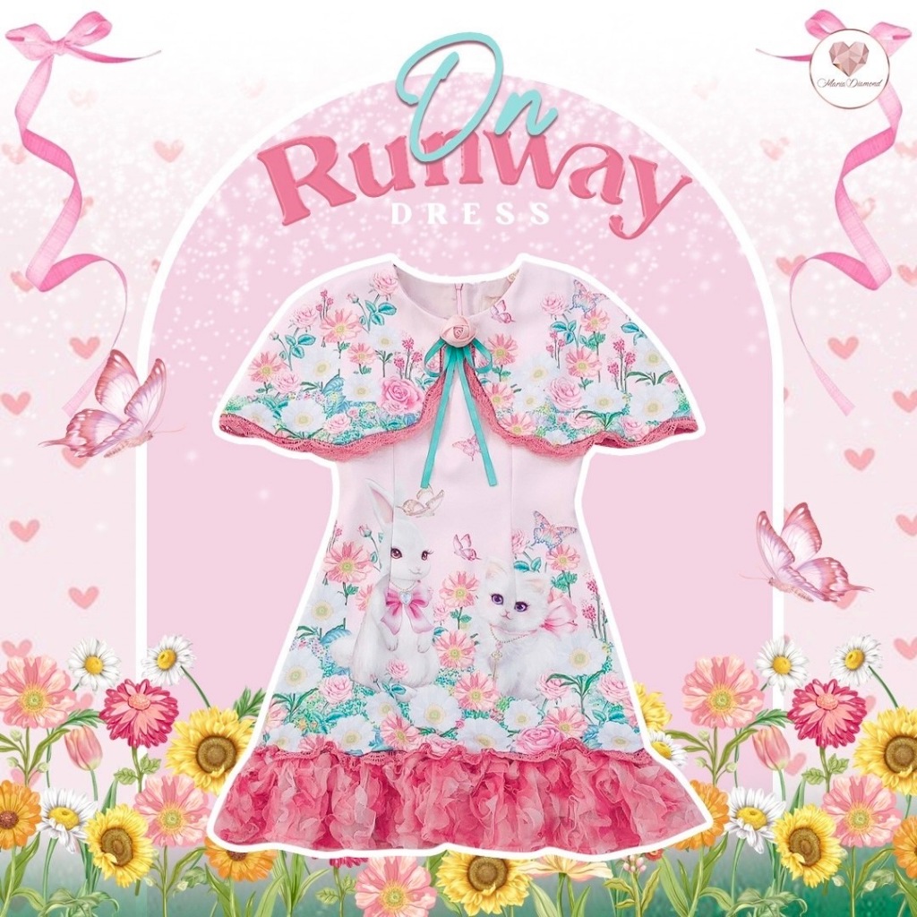 (มี 2XL) On Runway Dress เดรสสั้นผ้าเปเป้พิมพ์ลาย แขนกุด มีปกใหญ่ช่วยปกปิดต้นแขน ดีเทบดอกไม้ตรงอก ปลายกระโปรงดอก 3D