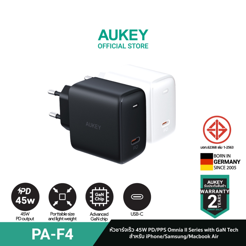 [สำหรับ iPhone 16]AUKEY PA-F4 หัวชาร์จเร็ว 45W PD Swift Series Wall Charger Adapter with GaN Power Tech รุ่น PA-F4