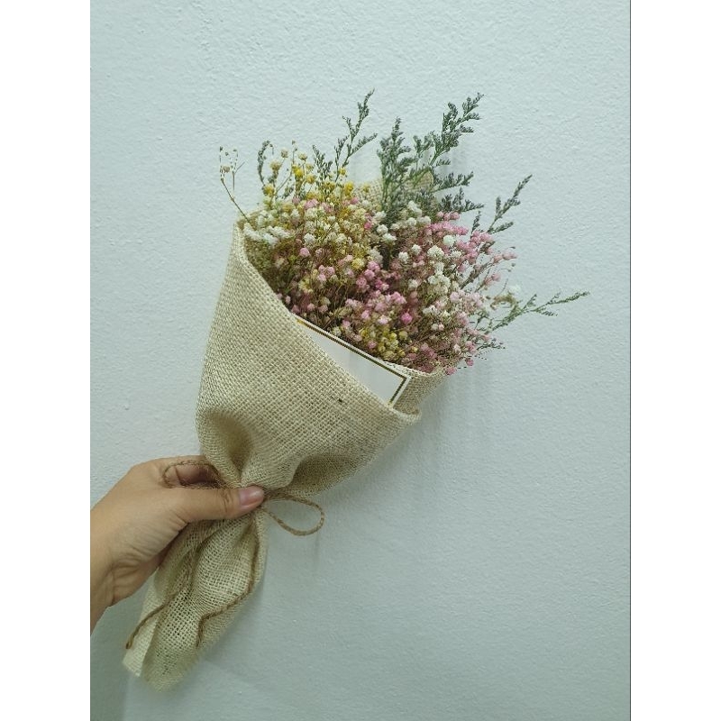 ช่อดอกไม้แห้ง ยิปซี ห่อผ้ากระสอบสีครีม - รูปที่ 2
