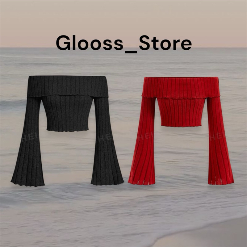 𝐏𝐫𝐞-𝐨𝐫𝐝𝐞𝐫 𝟕-𝟏𝟎 𝐃𝐚𝐲 เสื้อคริสต์มาส เสื้อยืด เปิดไหล่ บาน แขนเสื้อ ผ้าริบถัก