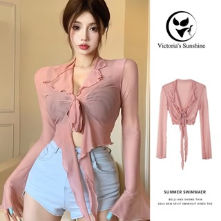 พร้อมส่งในไทย เสื้อไปทะเล เสื้อคลุมกันแดด แขนยาว สายรัดหน้าอ…