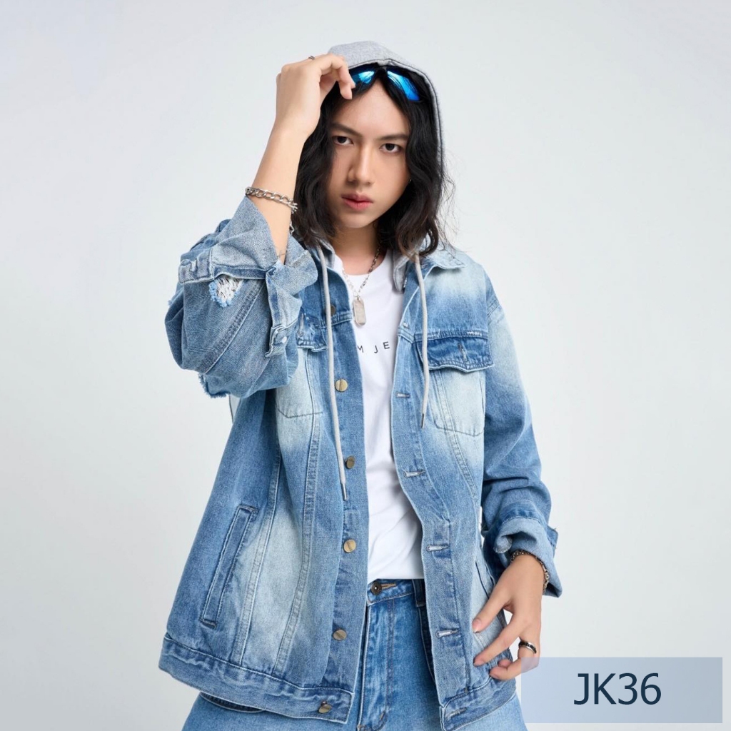 Niyom jeans รุ่น JK36 Unisex ใส่ได้ทั้งหญิงและชาย เสื้อแจ็คเก็ตยีนส์ ผ้าไม่ยืด แต่งขาด แต่งฮู้ดเทา