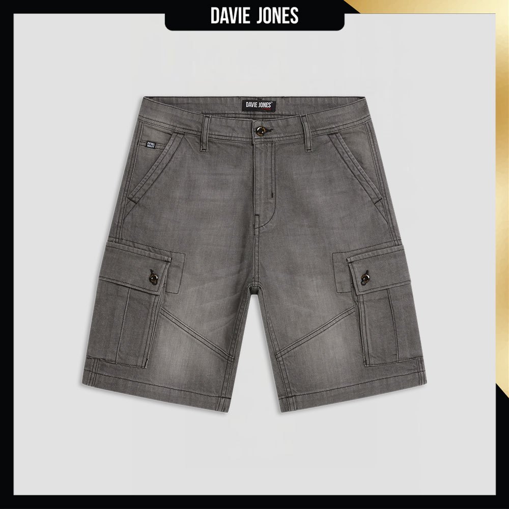 DAVIE JONES กางเกงขาสั้น ยีนส์ คาร์โก้ Relaxed Fit Cargo Denim Shorts SP0010 สีเทา