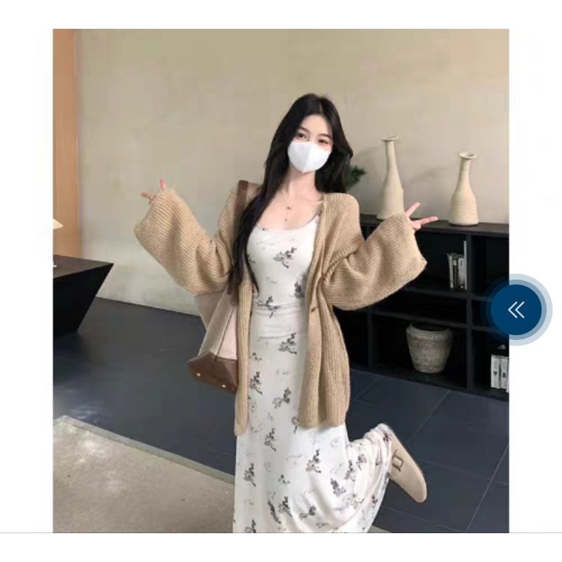 ชุดเซ็ทเสื้อคลุมไหมพรม พร้อมเดรสยาว นำเข้าสไตล์เกาหลี