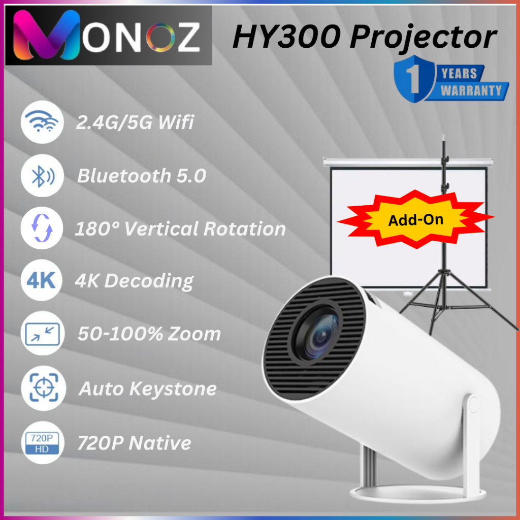 สต็อกพร้อมMONOZ HY300 Projector โปรเจคเตอร์ 4K Android 11.0 LCD 1280P x 720P Ultra HD WIFIบลูทูธโฮมเธียเตอร์โปรเจคเตอร์4