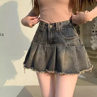 NEW SIZE XS-12XL 1783กระโปรงเอวสูงสไตล์เกาหลี กระโปรงยีนส์อัดพลีท ตกเเต่งสียีนส์ฟอก
