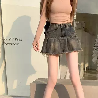 NEW SIZE XS-12XL 1783กระโปรงเอวสูงสไตล์เกาหลี กระโปรงยีนส์อัดพลีท ตกเเต่งสียีนส์ฟอก