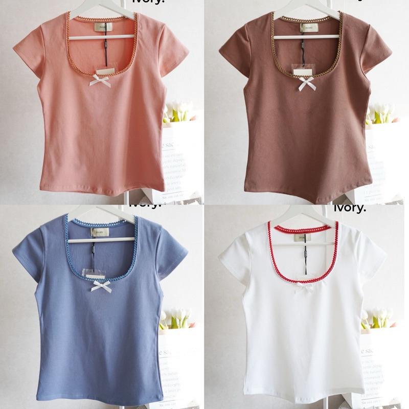 (VV63-64-IVORY)เสื้อยืด คอยูกว้าง แต่งลูกไม้โบว์ ผ้ายูนิโคล่า สวยมาก