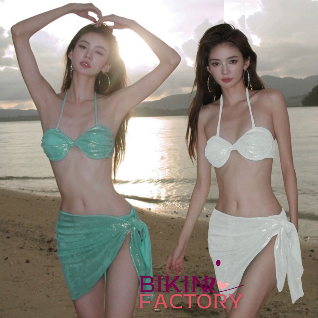 BIKINI FACTORY บิกินี่รุ่นฮิต บิกินี่สไตล์แฟชั่น ชุดว่ายน้ำ3ชิ้น ผ้าดีพรีเมี่ยมแต่งโซ่คล้องคอ BK-226