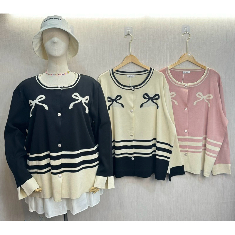 เสื้อไหมพรมนิตติ้งแต่งกระดุมจริงลายโบว์ S332