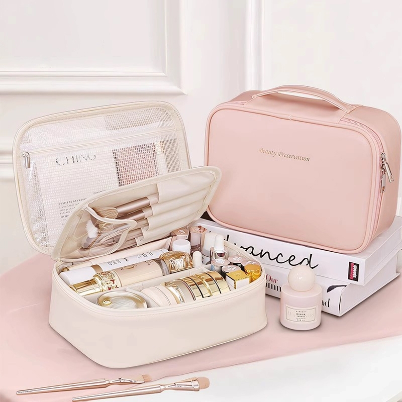 กระเป๋าเครื่องสําอาง กระเป๋าออแกไนเซอร์ ขนาดใหญ่ กันน้ํา หนัง PU จุของได้เยอะ แบบพกพา กระเป๋าใส่แปรงแต่งหน้าแบบถอดได้