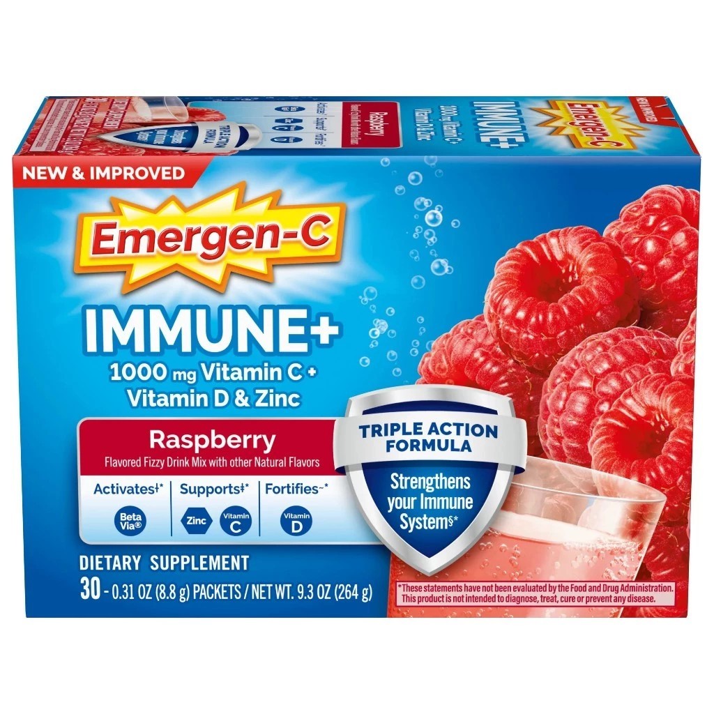 exp.08/2027 Emergen-C Immune Plus Vitamin C Supplement Powder, Raspberry, 30 Ct อาหารเสริม อินมูซี ชนิดผงชง รสราสเบอรี
