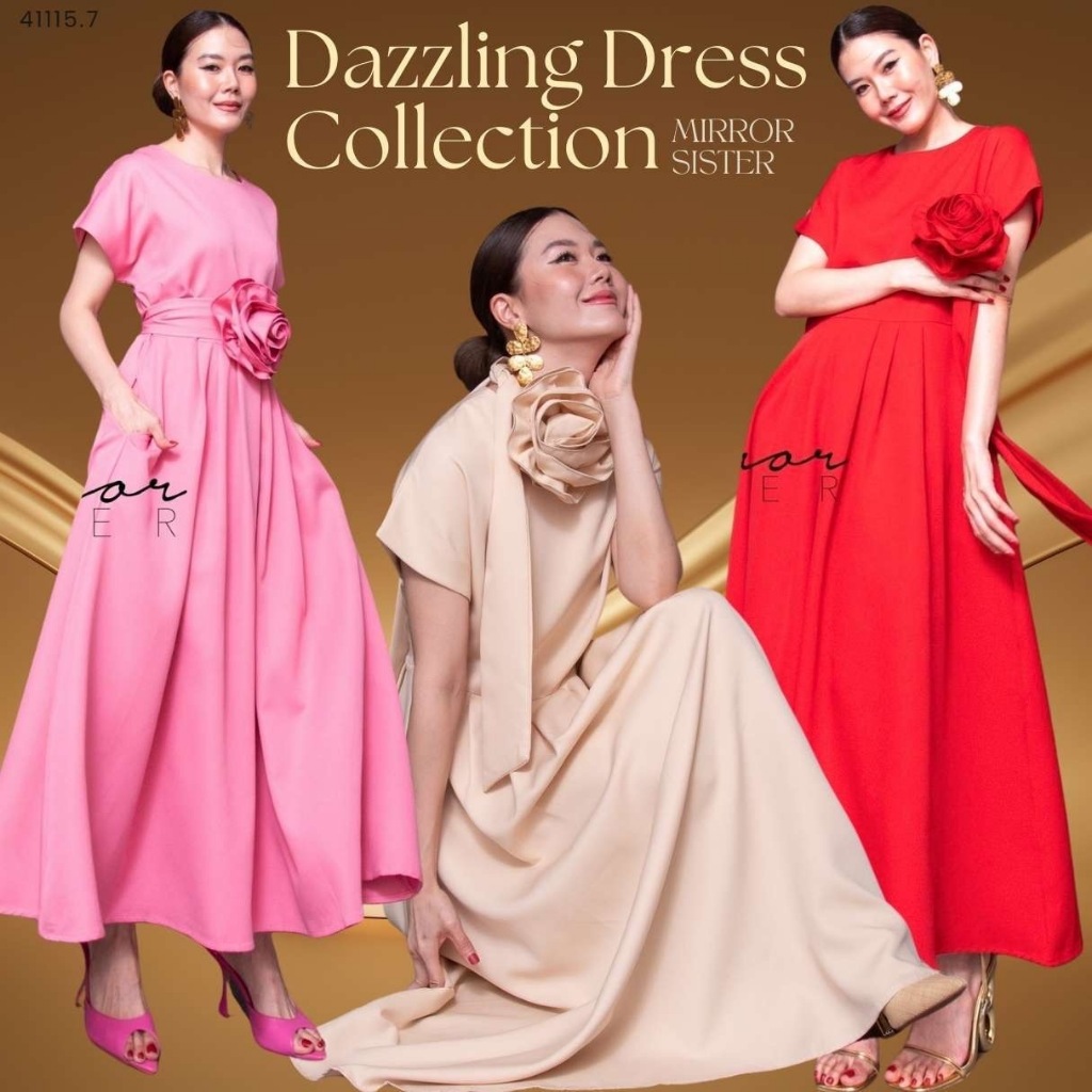 Mirrorsister 41115.7 เดรสออกงาน คอกลมแขนสั้น แต่งตีเกร็ดใส่แล้วดูผอม กระโปรงยาวบานย้วยจับจีบ มาพร้อมสายผูกดอกไม้สวย