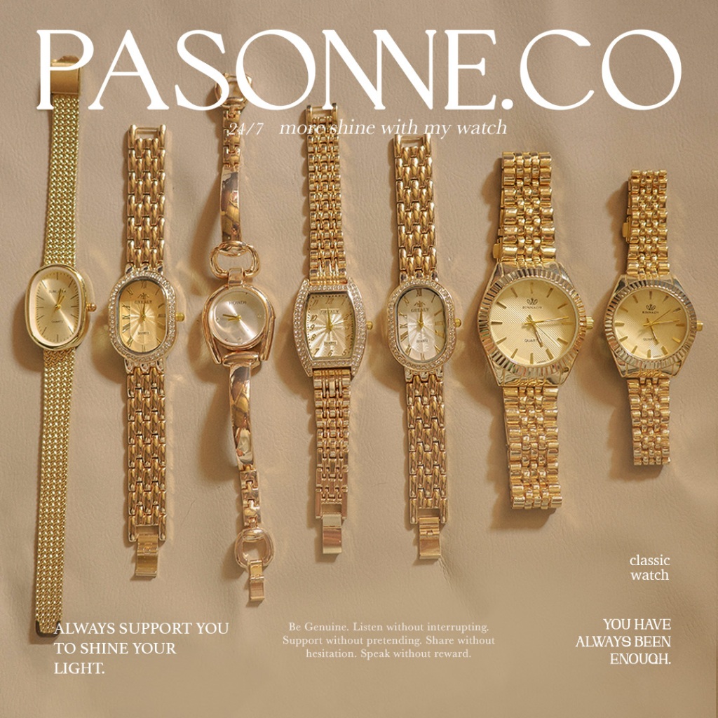 pasonne.co นาฬิกาข้อมือ นาฬิกาวินเทจ สายสแตนเลสสีทอง