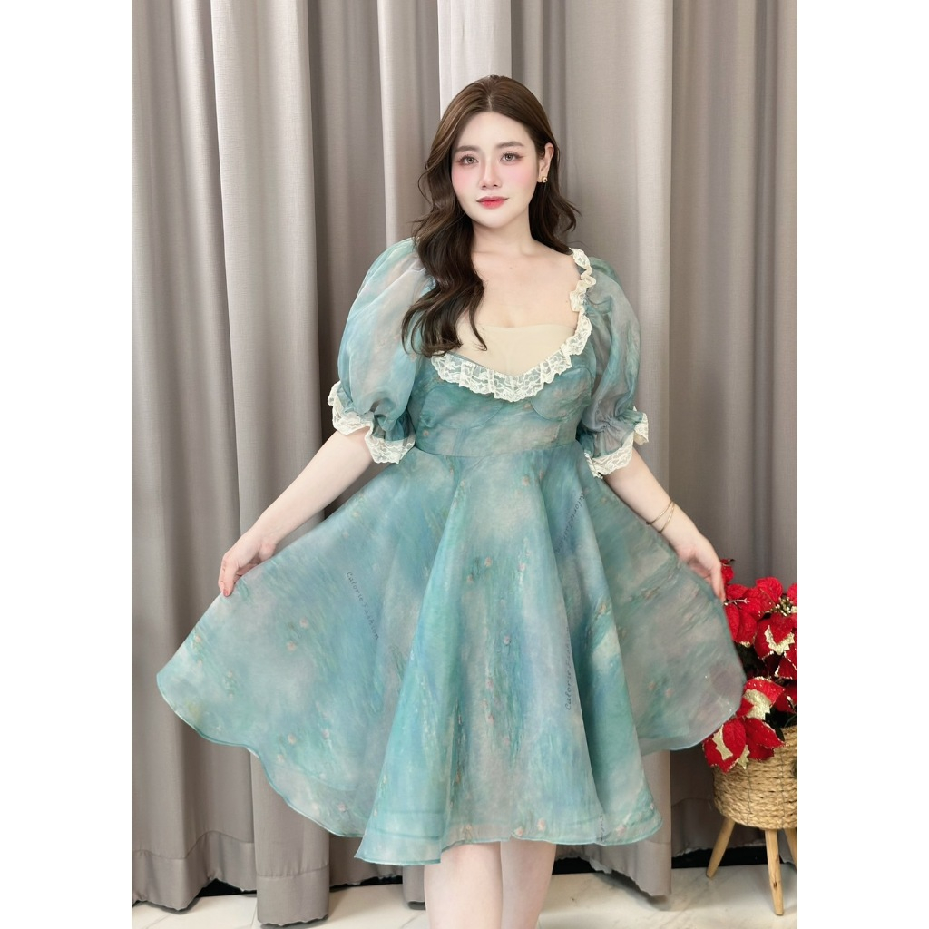 CA392 : Calorie Fashion Mini Dress Cerulean สีฟ้าครามงานน่ารักมากก แขนพอง แต่งขอบลูกไม้