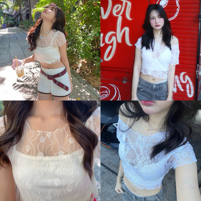 𝘚𝘶𝘯.𝘵𝘶𝘳𝘥𝘢𝘺 เสื้อยืดลูกไม้ซีทรู เฉพาะเสื้อตัวนอก