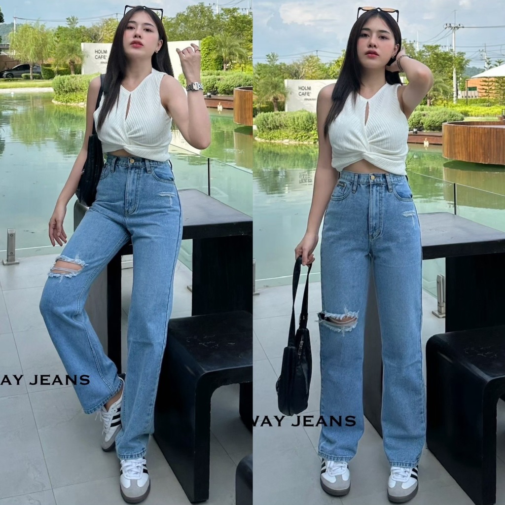 ON THE WAY Jeans กางเกงยีนส์ แต่งขาดหน้าขา ทรงขากระบอก สวยมากๆ ของต้องมีจร้า ตัวนี้