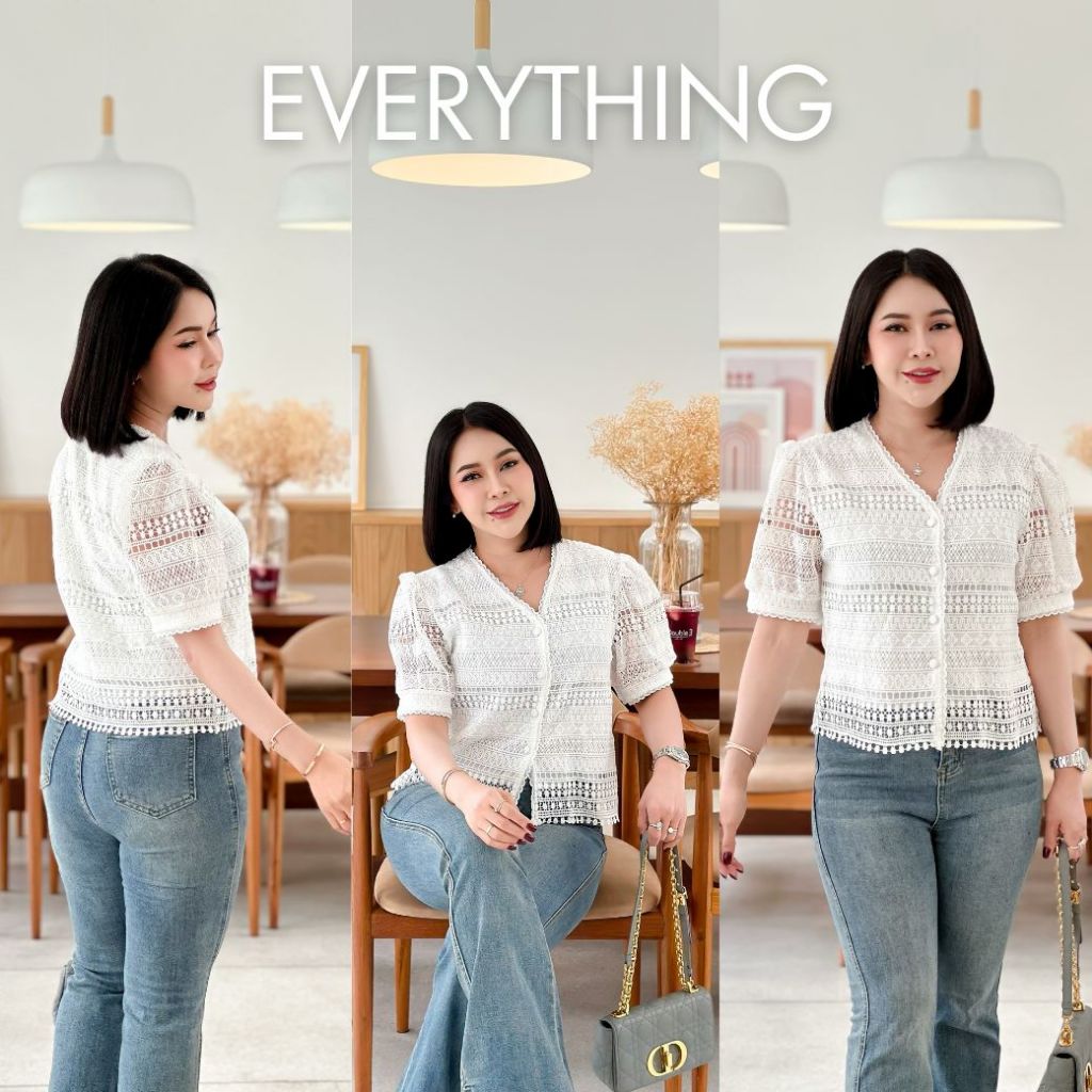 Everything เสื้อคอวีลูกไม้แขนสั้น ลูกไม้ มีซับใน ใส่งานบุญสวยมาก มีไซซ์ XS-3XL หน้าผ้า 36-48 (823)
