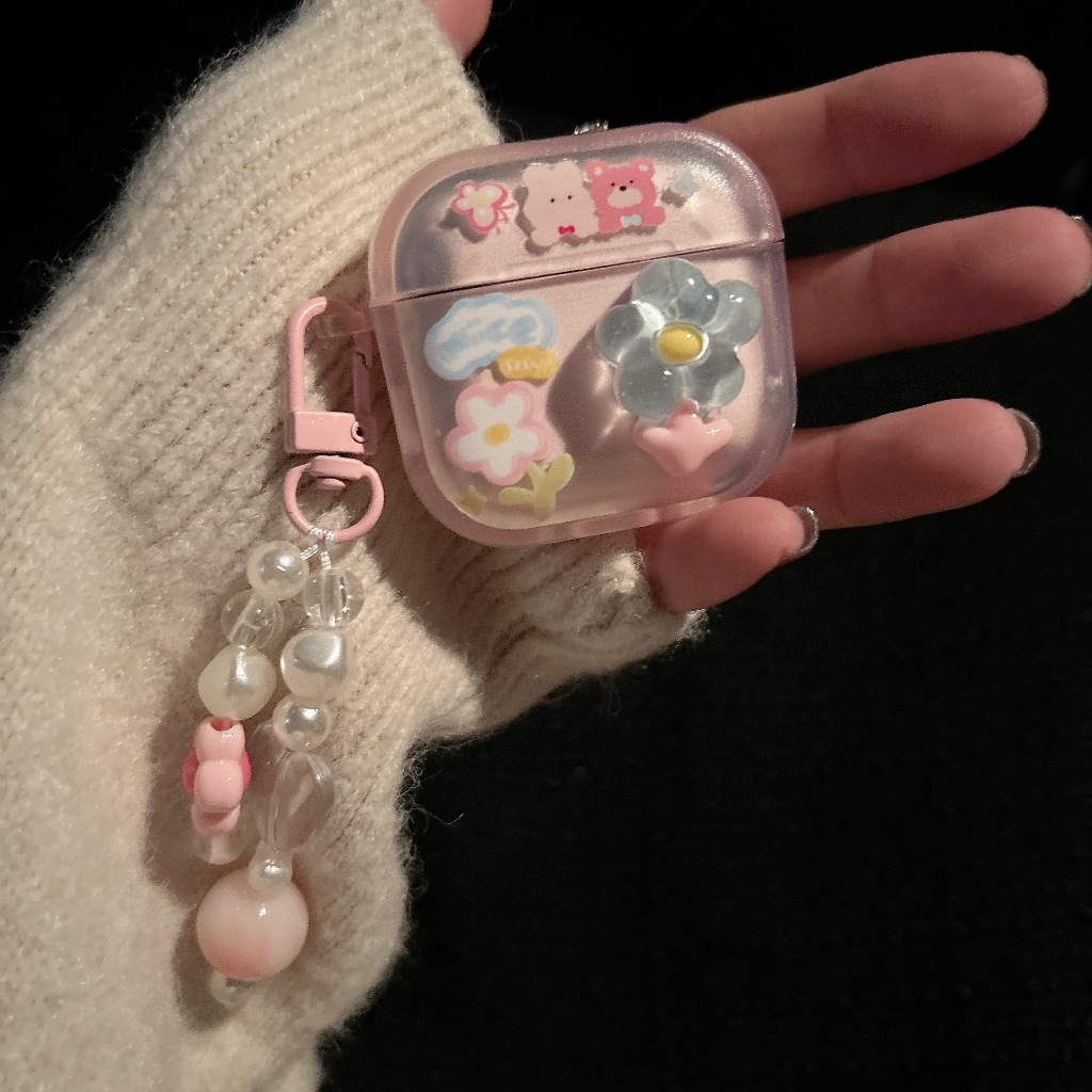 ดอกไม้nice เคสหูฟังAirpods4 เคสใสการ์ตูนนูน Airpods 4 เคสหูฟังบลูทูธ เคสหูฟังไร้สาย เเถมห่วงคล้อง
