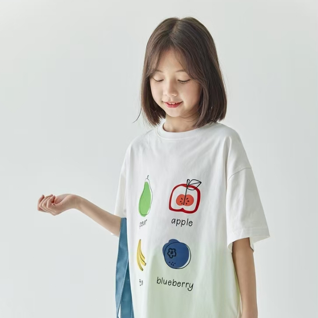เสื้อยืดแขนสั้นคอกลมพิมพ์ลายผลไม้ผ้าฝ้าย 100% สำหรับเด็ก เสื้อยืดแขนสั้นเด็กสวมใส่สบาย