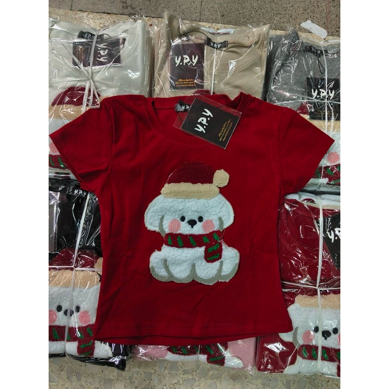 เสื้อยืดแขนสั้นตัวยาวน้องขนปุยซานต้า น่ารักมากๆๆงานตามหา ypy