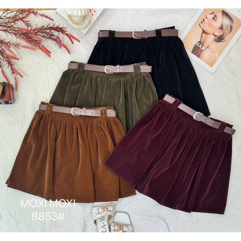 กระโปรงสั้นผ้ากำมะหยี่ พร้อมเข็มขัด ต่อรูดทรงย้วย น่ารักสไตล์เกาหลี#8853