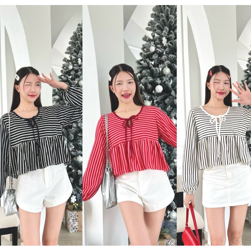 เสื้อแขนยาวลายริ้วทรงแขนบอลลูน