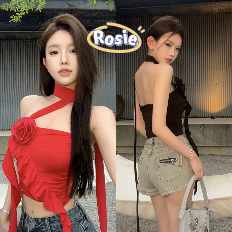 Rosie พร้อมส่ง เสื้อเกาะอกเซ็กซี่ผู้หญิง คล้องคอ ลายดอกกุหลาบ Y2kเสื้อครอป เปิดไหล่เข้ารูป สไตล์เวียดนาม สาวอ้วนใส่ได้