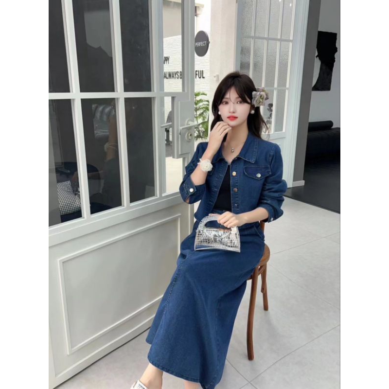 เซ็ตเสื้อแจ็คเก็ตพร้อมกระโปรงผ้ายีนส์คุณภาพ(S-4XL)