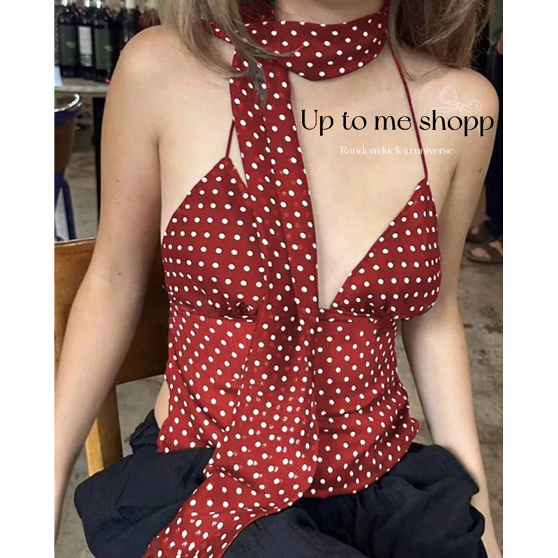 เสื้อกล้ามคล้องคอ ซีทรู ลายจุด โปร่งบาง โชว์หลังแซ่บๆ มีสายรัดคอ แฟชั่นสำหรับผู้หญิง เหมาะสำหรับการออกเดท ปาร์ตี้ คาเฟ่