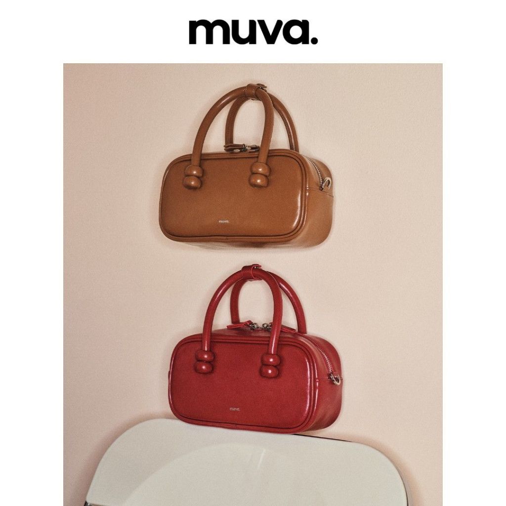 MUVA ของแท้ 100% ออกแบบเดิมสีแดงบอสตันสุภาพสตรีกระเป๋าถือแฟชั่น สปอตการจัดส่งที่รวดเร็ว