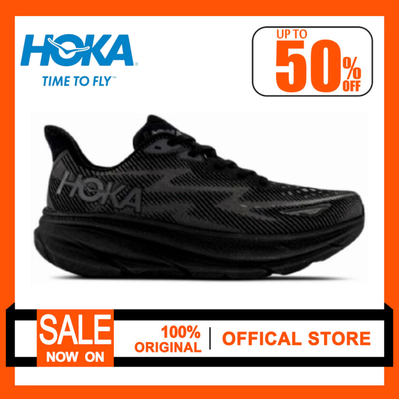 (ของแท้ 100%)Hoka One Clifton 9 All Black running Shoes for Men Sneakers